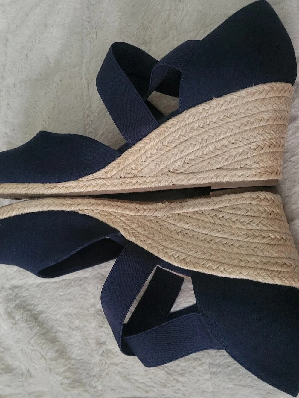 easy street Navy Espadrille Wedge Sandals with Elastic Cross Straps Size 11W